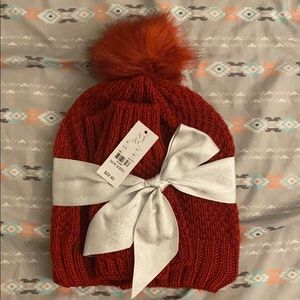Red Pom Pom hat and fingerless glove matching set